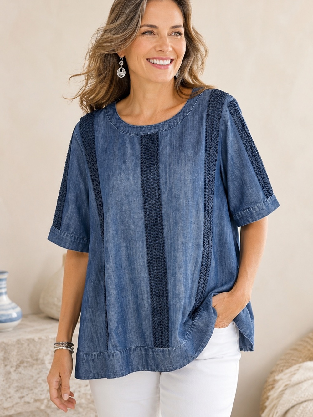 Soft Surroundings Lapiza Chambray Crochet Top Blue L